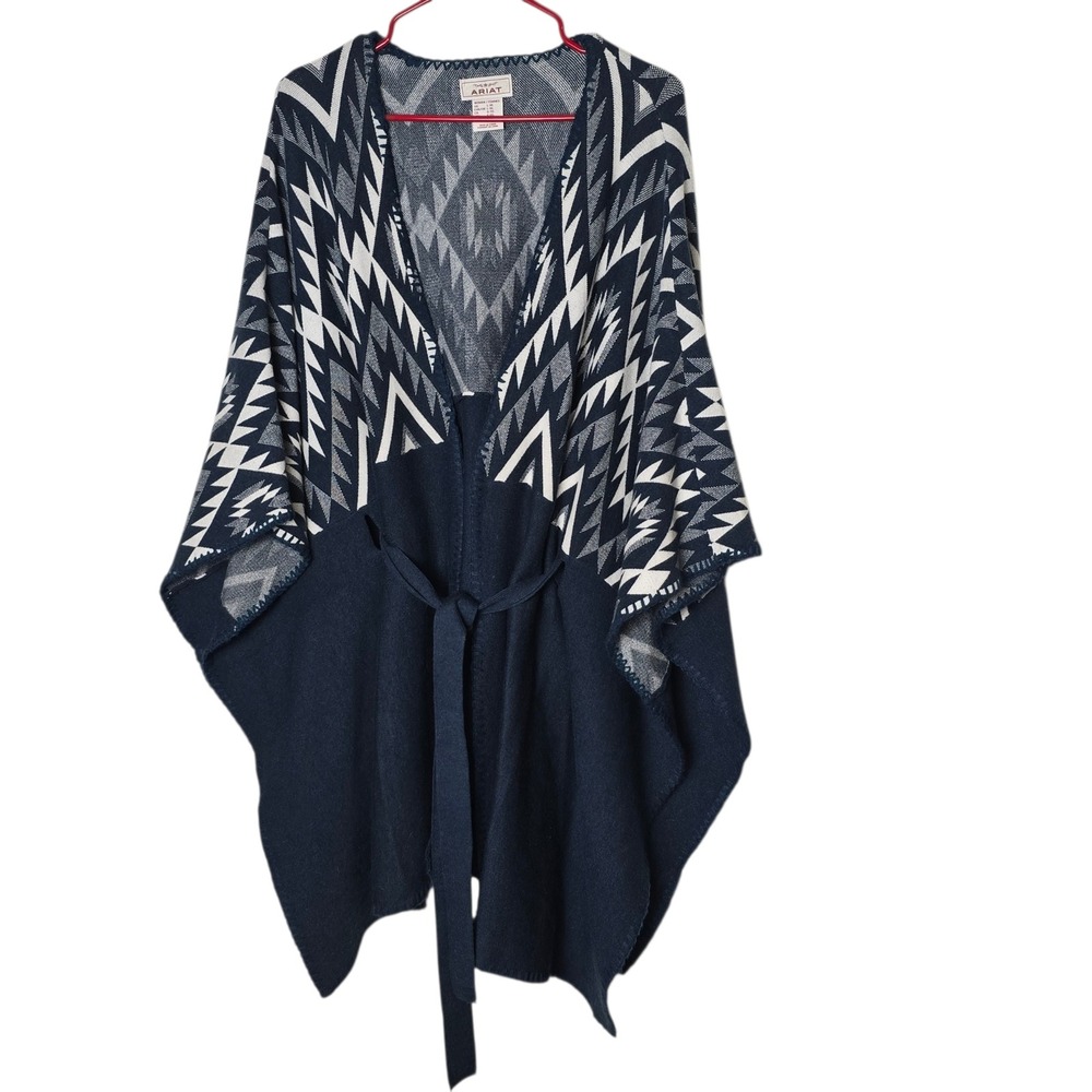 Ariat Womens Navy Blue Southwestern Geometric Belted Poncho Wrap L-XL
